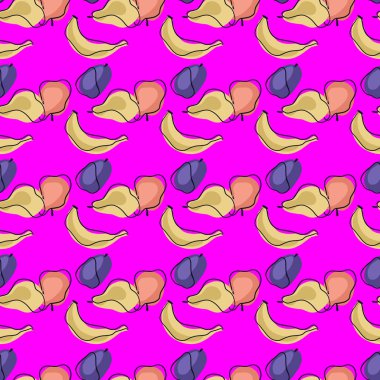 Doğal, pürüzsüz, organik muz, erik, armut ve elma şekilli. Pembe arka plan. Kumaş tasarımı, tekstil baskısı, ambalaj ve kapak için tasarlandı. Vektör illüstrasyonu.