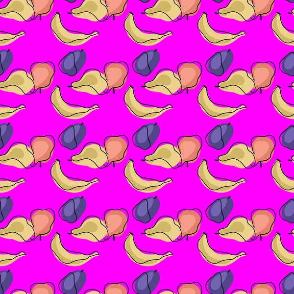 Doğal, pürüzsüz, organik muz, erik, armut ve elma şekilli. Pembe arka plan. Kumaş tasarımı, tekstil baskısı, ambalaj ve kapak için tasarlandı. Vektör illüstrasyonu.