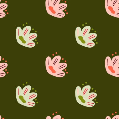 Basit botanik desenli, yeşil ve pembe naif çiçek süsü. Yeşil koyu arkaplan. Kumaş tasarımı, tekstil baskısı, ambalaj ve kapak için tasarlandı. Vektör illüstrasyonu.