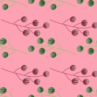 Yeşil ve mor renkli böğürtlen desenli. Pembe parlak arka plan. Karalama süsü. Kumaş tasarımı, tekstil baskısı, ambalaj ve kapak için tasarlandı. Vektör illüstrasyonu.