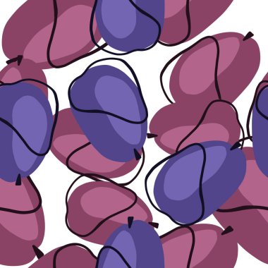 Rastgele lacivert ve mor soyut erik şekilleriyle el çizimi izole, pürüzsüz desen. Beyaz arka plan. Kumaş tasarımı, tekstil baskısı, ambalaj ve kapak için mükemmel. Vektör illüstrasyonu.