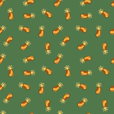 Tropik ananas siluetleriyle vitaminsiz desen. Yeşil pastel arka plan. Küçük bir süs. Kumaş tasarımı için dekoratif zemin, tekstil baskısı, ambalaj, kapak. Vektör illüstrasyonu.