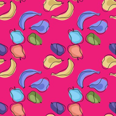 Karalama meyvesi süsüsüyle renksiz parlak desenli muz, elma, erik, armut. Pembe arka plan. Kumaş tasarımı, tekstil baskısı, ambalaj ve kapak için tasarlandı. Vektör illüstrasyonu.