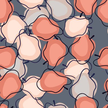 Pembe erik silueti ve meyve süsüsüyle biçimlendirilmiş kusursuz desen. Mavi soluk arkaplan. Kumaş tasarımı, tekstil baskısı, ambalaj ve kapak için mükemmel. Vektör illüstrasyonu.