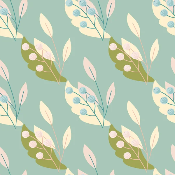 Green Leaves Pastel Berries Rowan Print Seamless Pattern Vintage Style — Stock Vector