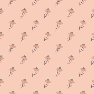 Çiçeksiz desenli pembe renkler ve küçük çapraz papatya çiçekleri deseni. Doodle tarzı. Kumaş tasarımı için dekoratif zemin, tekstil baskısı, ambalaj, kapak. Vektör illüstrasyonu.
