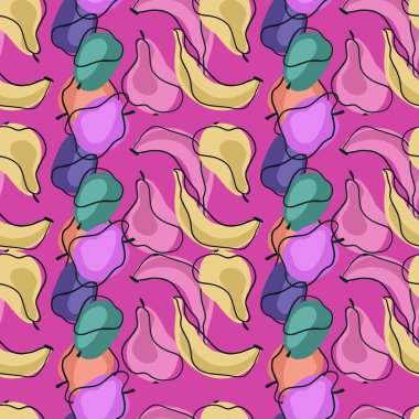 Soyut, soyut, dikişsiz, çizgili muz, elma, erik ve armut desenli. Leylak arkaplan. Kumaş tasarımı, tekstil baskısı, ambalaj ve kapak için tasarlandı. Vektör illüstrasyonu.