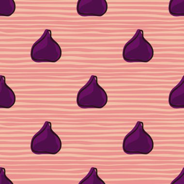 Mor incir süslemeli, kusursuz, soyut bir yemek şekli. Pembe çizgili arka plan. Sezon baskısı. Kumaş tasarımı, tekstil baskısı, ambalaj ve kapak için tasarlandı. Vektör illüstrasyonu.