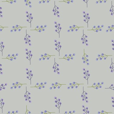 Geometrik stil küçük böğürtlen dalları süslemesiz desen. Gri arka plan. Soyut doğa arka planı. Kumaş tasarımı, tekstil baskısı, ambalaj ve kapak için tasarlandı. Vektör illüstrasyonu.