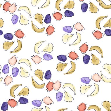 Karalama ile izole doğa kusursuz desen çizgili meyve tropik şekiller. Muz, elma, erik ve armut süsü. Kumaş tasarımı, tekstil baskısı, ambalaj ve kapak için tasarlandı. Vektör illüstrasyonu.