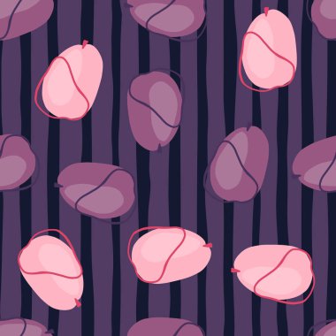 Rastgele dekoratif karalama erikleri siluetleri kusursuz desenler. Mor çizgili arka plan. Kumaş tasarımı, tekstil baskısı, ambalaj ve kapak için mükemmel. Vektör illüstrasyonu.