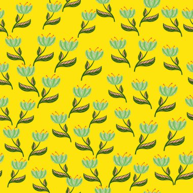 Küçük mavi gelincik çiçekleri ve rasgele siluetler. Sarı arka plan. Kumaş tasarımı, tekstil baskısı, ambalaj, kapak için harika. Vektör illüstrasyonu.