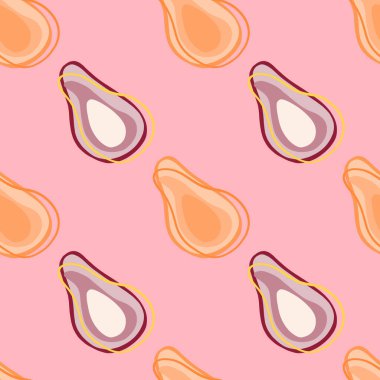 Yaratıcı avokado siluetleri olan organik, kusursuz desenler. Pembe arka plan. Kumaş tasarımı için dekoratif zemin, tekstil baskısı, ambalaj, kapak. Vektör illüstrasyonu.