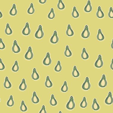 Rastgele küçük avokado elementleri kusursuz desen. Soluk bej arka plan. Yeşil meyve süsü. Kumaş tasarımı için dekoratif zemin, tekstil baskısı, ambalaj, kapak. Vektör illüstrasyonu.