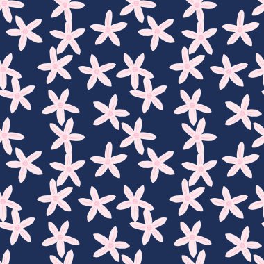 Mandarin çiçekleri çiçek stilinde rastgele ve kusursuz desenler çizerler. Karalama arkaplanı. Lacivert parlak bir geçmişi var. Kumaş tasarımı, tekstil baskısı, ambalaj ve kapak için mükemmel. Vektör illüstrasyonu.