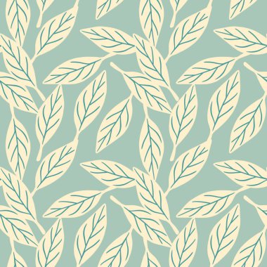 Tesadüfi karalama basit siluetleriyle kusursuz desenli bitkiler. Mavi arka plan. Soyut baskı. Kumaş tasarımı, tekstil baskısı, ambalaj ve kapak için mükemmel. Vektör illüstrasyonu.