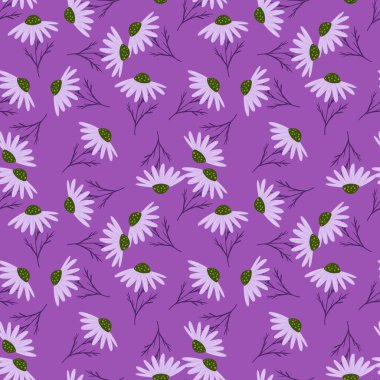 Karalama papatya çiçeği şekilli rastgele organik çiçek desenleri. Mor renkli sanat eserleri. Kumaş tasarımı, tekstil baskısı, ambalaj ve kapak için tasarlandı. Vektör illüstrasyonu.