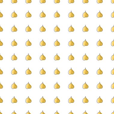 Küçük sarı armut siluetleri olan kusursuz doğal besinler. Beyaz arka plan. Organik fon. Kumaş tasarımı, tekstil baskısı, ambalaj ve kapak için tasarlandı. Vektör illüstrasyonu.