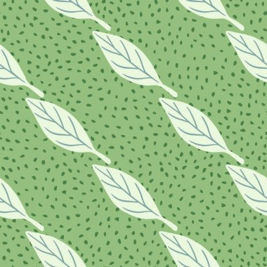 Çapraz basit yaprak siluetleri karalama stilinde pürüzsüz desen. Yeşil noktalı arka plan. Kumaş tasarımı, tekstil baskısı, ambalaj ve kapak için mükemmel. Vektör illüstrasyonu.