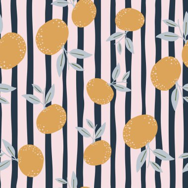 Rastgele soluk tonlar, soyut turuncu mandalina şekilleriyle kusursuz desenler. Çizgili arka plan. Basit bir tarz. Kumaş tasarımı, tekstil baskısı, ambalaj ve kapak için mükemmel. Vektör illüstrasyonu.