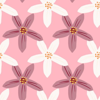 Mor ve beyaz renkli bitkisel mandalinalar çiçek elementleri basar. Pembe parlak arka plan. Kumaş tasarımı, tekstil baskısı, ambalaj ve kapak için mükemmel. Vektör illüstrasyonu.