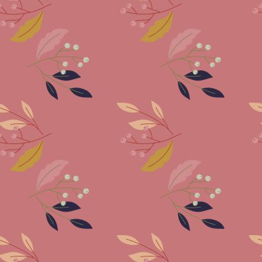 Doğa minimalist tarzda kusursuz desen ve karalama çileği dalları. Pembe soluk arkaplan. Kumaş tasarımı, tekstil baskısı, ambalaj, kapak için harika. Vektör illüstrasyonu.