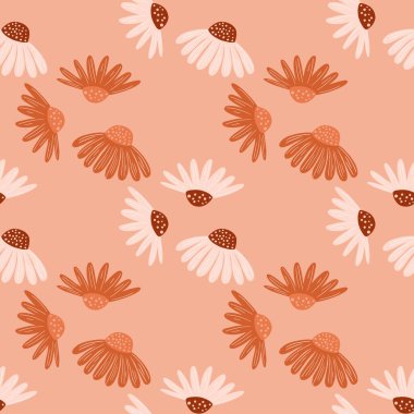 Soyut papatya çiçekleri şekilli, kusursuz bir yaz tarzı. Pembe renkli arka plan. Doğa arkaplanı. Kumaş tasarımı, tekstil baskısı, ambalaj ve kapak için tasarlandı. Vektör illüstrasyonu.