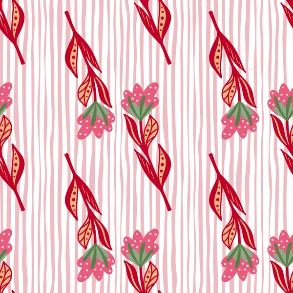 Красные Розовые Цветные Декоративные Цветы Бесшовный Узор Полосатый Фон Цветущие — стоковый вектор