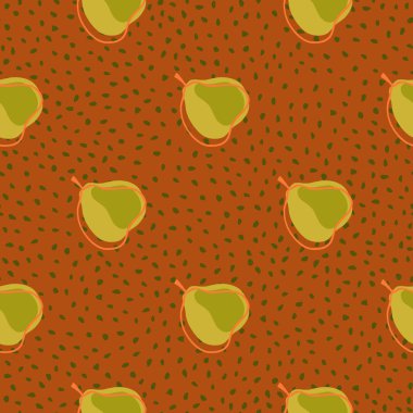 Basit armut desenli, kusursuz doğa yiyecekleri. Koyu turuncu noktalı arka plan. Kumaş tasarımı, tekstil baskısı, ambalaj ve kapak için tasarlandı. Vektör illüstrasyonu.