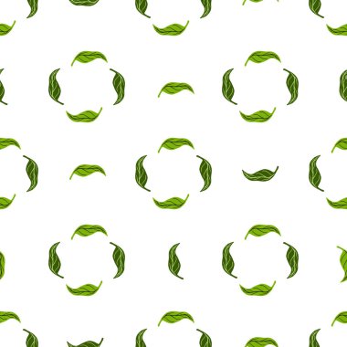 Geometrik mandalinalı yeşil yapraklı, bitkisel, soyut, dikişsiz desen. Beyaz arka plan. Kumaş tasarımı, tekstil baskısı, ambalaj ve kapak için tasarlandı. Vektör illüstrasyonu.