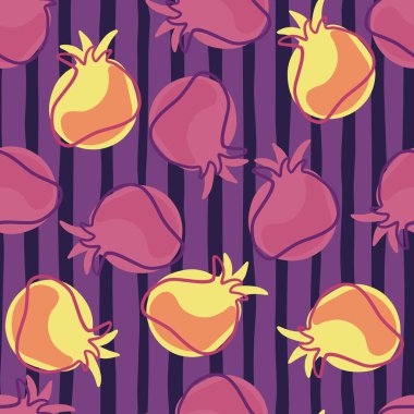 Rastgele turuncu ve mor nar elementleriyle vitamin hasadı kusursuz desen. Çizgili arka plan. Kumaş tasarımı için dekoratif zemin, tekstil baskısı, ambalaj, kapak. Vektör illüstrasyonu.