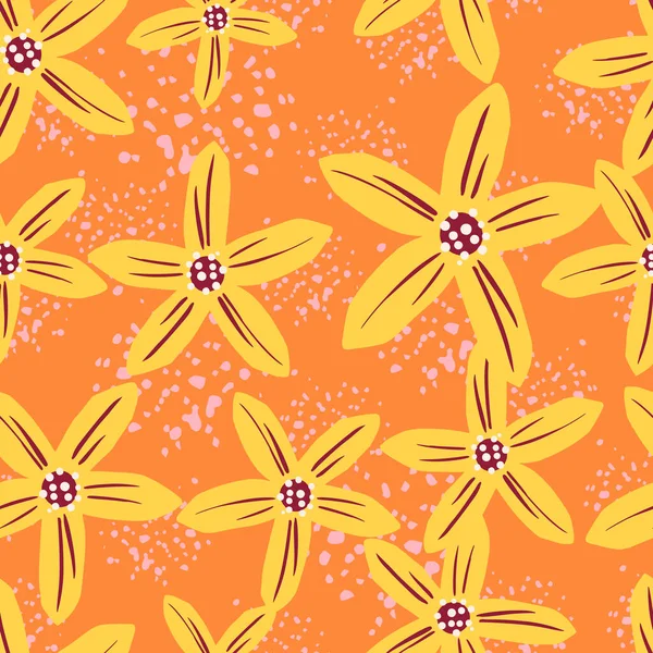Abstrato Flores Amarelas Mandarina Sem Costura Doodle Padrão Fundo Laranja — Vetor de Stock
