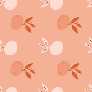 Minimalist mandalina siluetleriyle pembe, soyut, pürüzsüz desen. Vitamin doğal arka plan. Kumaş tasarımı, tekstil baskısı, ambalaj ve kapak için mükemmel. Vektör illüstrasyonu.