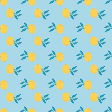 Sarı küçük mandalina desenli kusursuz doğa deseni. Mavi parlak arka plan. Kumaş tasarımı, tekstil baskısı, ambalaj ve kapak için mükemmel. Vektör illüstrasyonu.
