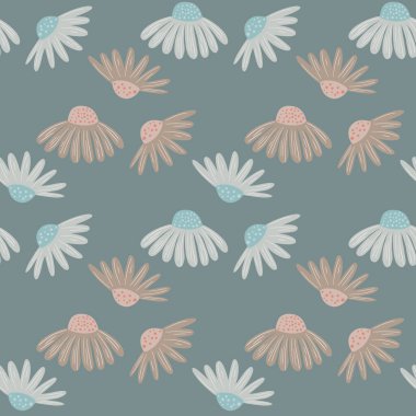 Çayır çiçekleri, botanik papatya süsüyle kusursuz desenli. Mavi soluk arkaplan. Doğa baskısı. Kumaş tasarımı, tekstil baskısı, ambalaj ve kapak için tasarlandı. Vektör illüstrasyonu.