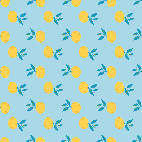 Nature seamless pattern with yellow little mandarin ornament print. Blue bright background. Perfect for fabric design, textile print, wrapping, cover. Vector illustration.