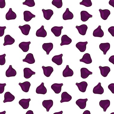 İzole edilmiş, pürüzsüz desen ve küçük mor incir siluetleri. Beyaz arka plan. Vitamin izi. Kumaş tasarımı, tekstil baskısı, ambalaj ve kapak için tasarlandı. Vektör illüstrasyonu.