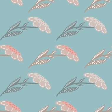 Pastel pembe tarla çiçekleri siluetleri pürüzsüz desenler. Mavi arka plan. Dekoratif doğa baskısı. Kumaş tasarımı için dekoratif zemin, tekstil baskısı, ambalaj, kapak. Vektör illüstrasyonu.