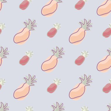 Soyut ananas süsüsüyle birlikte vitamin tropikal desenli. Mavi pastel arka plan. Basit parmak izi. Kumaş tasarımı için dekoratif zemin, tekstil baskısı, ambalaj, kapak. Vektör illüstrasyonu.