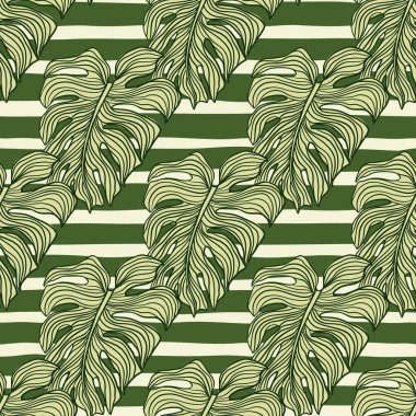 Çizgili arka planda geometrik canavar yaprağı kusursuz desen. Modern tropikal yapraklar filodendron bitki silueti arkaplanı. Egzotik duvar kağıdı. Kumaş, tekstil baskısı ve ambalaj için vektör tasarımı