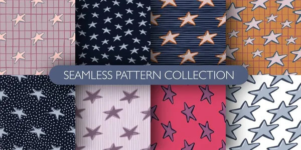 Set Cute Stars Ornament Seamless Doodle Pattern Designed Wallpaper Textile — Stock Vector