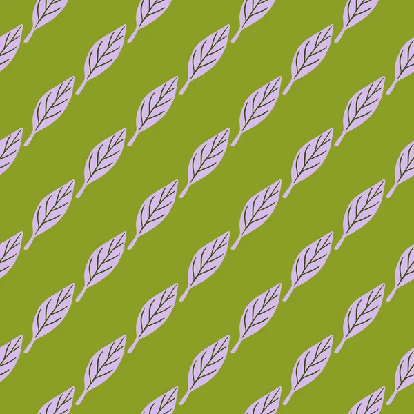 Lila Einfache Diagonale Blattformen Nahtloses Kritzelmuster Grüner Hintergrund Natur Kulisse — Stockvektor