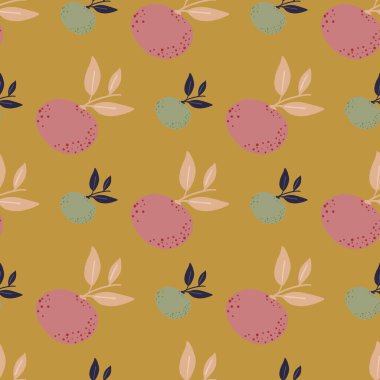 Organic seamless pattern with pink simple mandarin ornament. Ocher background. Simple style. Perfect for fabric design, textile print, wrapping, cover. Vector illustration.