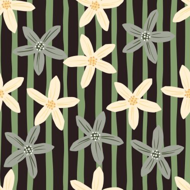 Exotic seamless pattern with random bloom flowers mandarin elements shapes. Green striped background. Perfect for fabric design, textile print, wrapping, cover. Vector illustration.