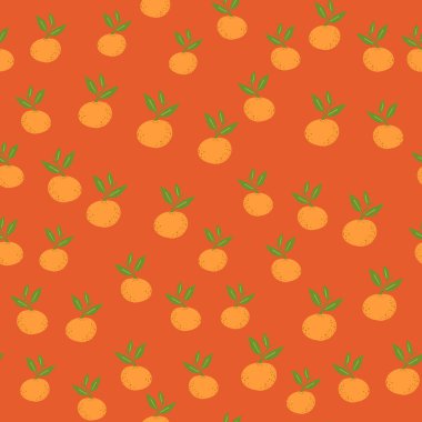 Biraz mandarin içerikli, kusursuz yaz yemekleri. Turuncu arka plan. Rastgele parmak izi. Kumaş tasarımı, tekstil baskısı, ambalaj ve kapak için mükemmel. Vektör illüstrasyonu.