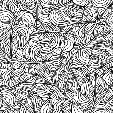 Rastgele çizilmiş kusursuz desenli siyah ana hatlı canavar şekilli. Doğal tropik avuç içi izi. Kumaş tasarımı için dekoratif zemin, tekstil baskısı, ambalaj, kapak. Vektör illüstrasyonu.