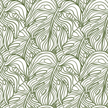 Yeşil çizgili canavar siluetleri pürüzsüz bırakır. Tropikal yapraklar doğal sanat eserleri. Kumaş tasarımı için dekoratif zemin, tekstil baskısı, ambalaj, kapak. Vektör illüstrasyonu.
