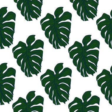 Beyaz arka planda yeşil canavar yaprağı olan duvar kağıdı. Geometrik tropikal yapraklar siluetsiz desen oluşturuyor. Egzotik arka plan. Kumaş, tekstil baskısı, ambalaj kağıdı için vektör tasarımı