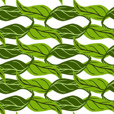 Karalama yeşil yaprak süsüsüyle kusursuz yaz deseni. İzole bitkiler botanik süsü. Basit bir tarz. Kumaş tasarımı, tekstil baskısı, ambalaj ve kapak için tasarlandı. Vektör illüstrasyonu.