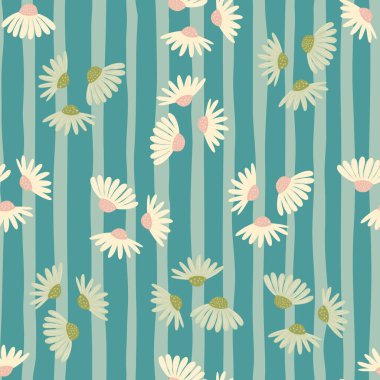 Rastgele şekillendirilmiş, karalamalı papatya elementleri. Mavi çizgili arka plan. Dekoratif fon. Kumaş tasarımı, tekstil baskısı, ambalaj ve kapak için tasarlandı. Vektör illüstrasyonu.